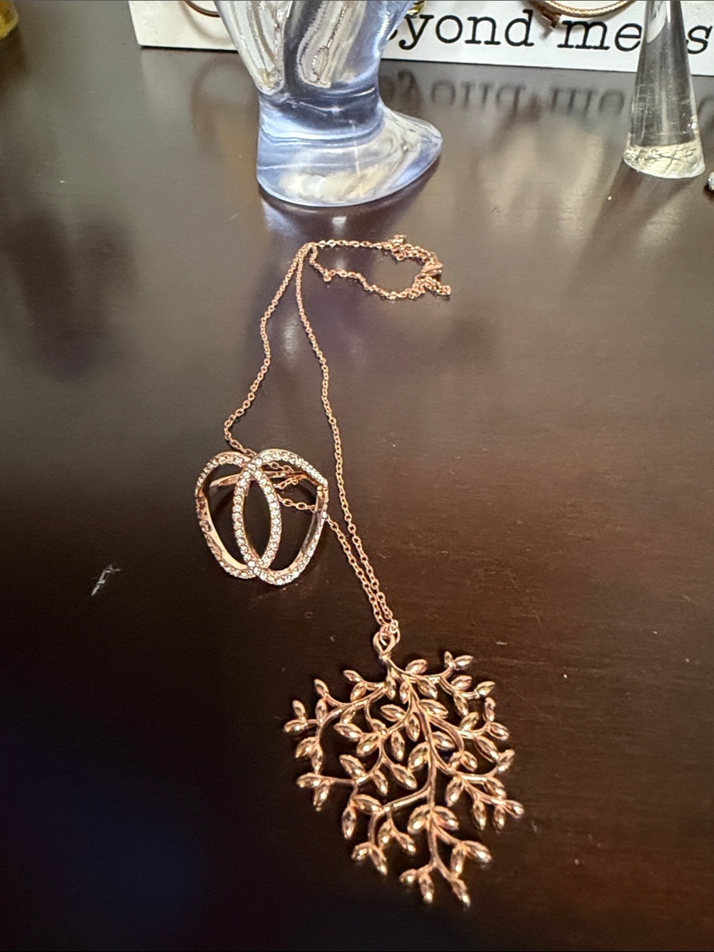 Rose Gold Leaf Tree Pendant Necklace with Sparkling Accent